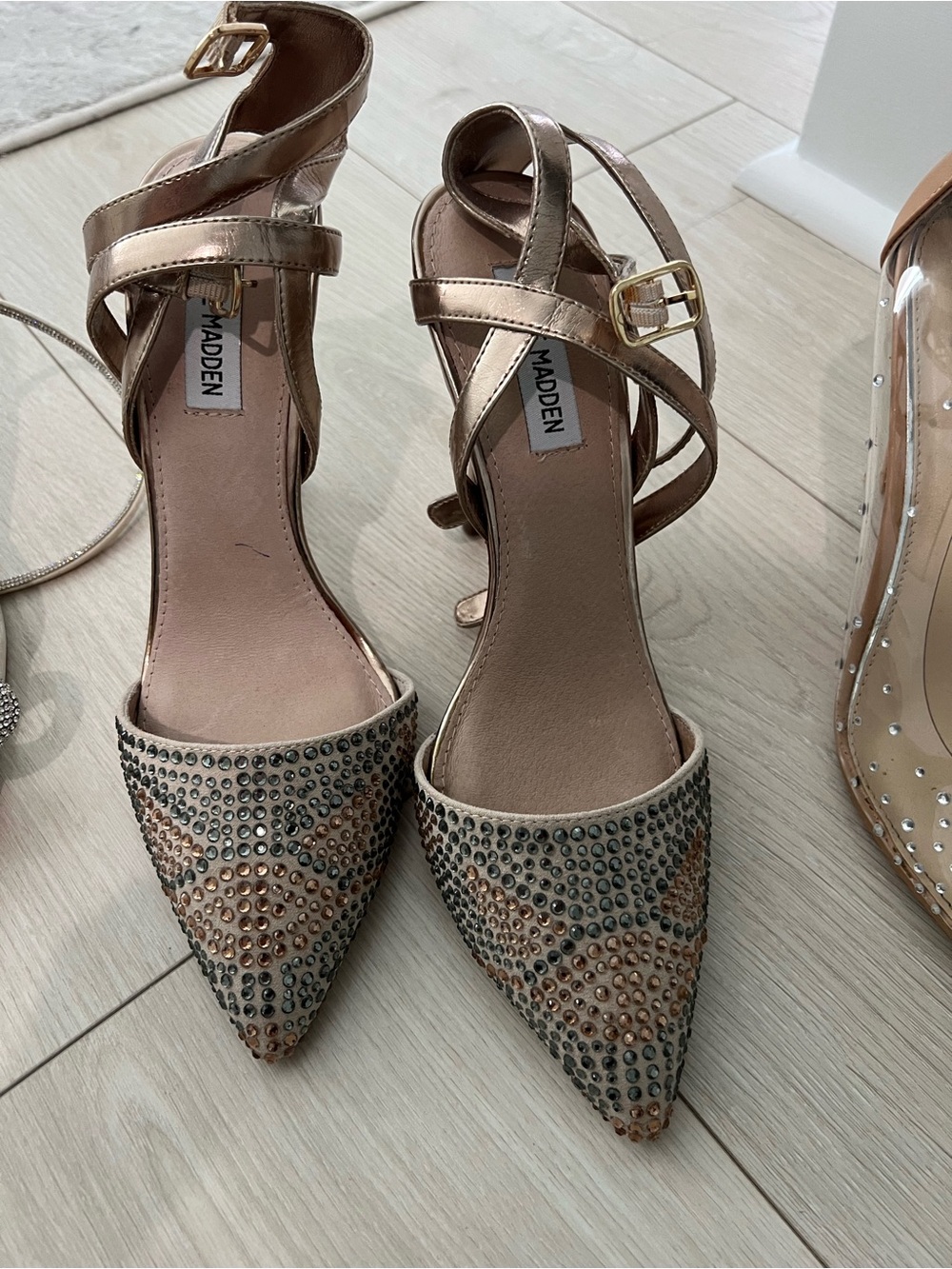 Steve Madden Rose Gold Crystal-Stud Pointed Toe Ankle Strap Heels